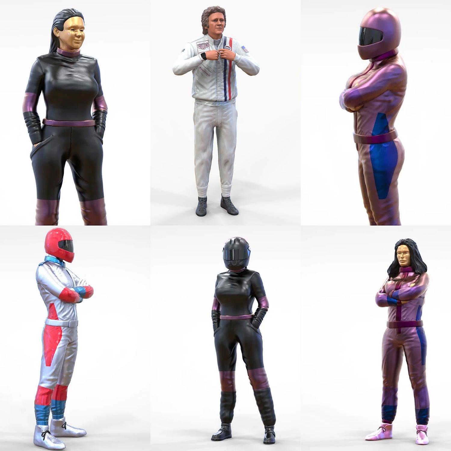 A collage featuring six miniature figures of male and female racers in full racing gear, with and without helmets.