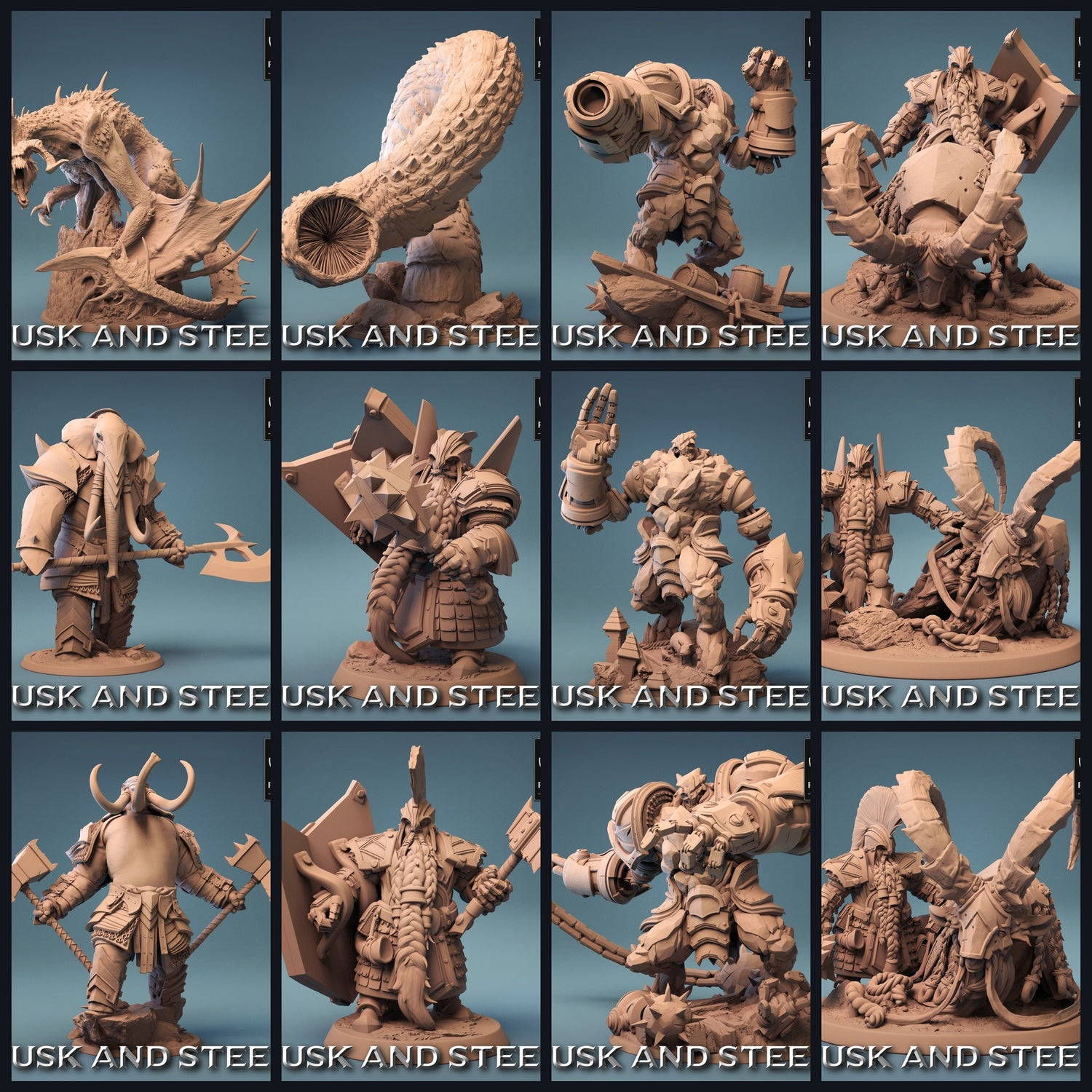 This image is the category image for the release 23_08: Tusk And Steel - Rescale Miniatures: Beasts, Dwarves, Golems