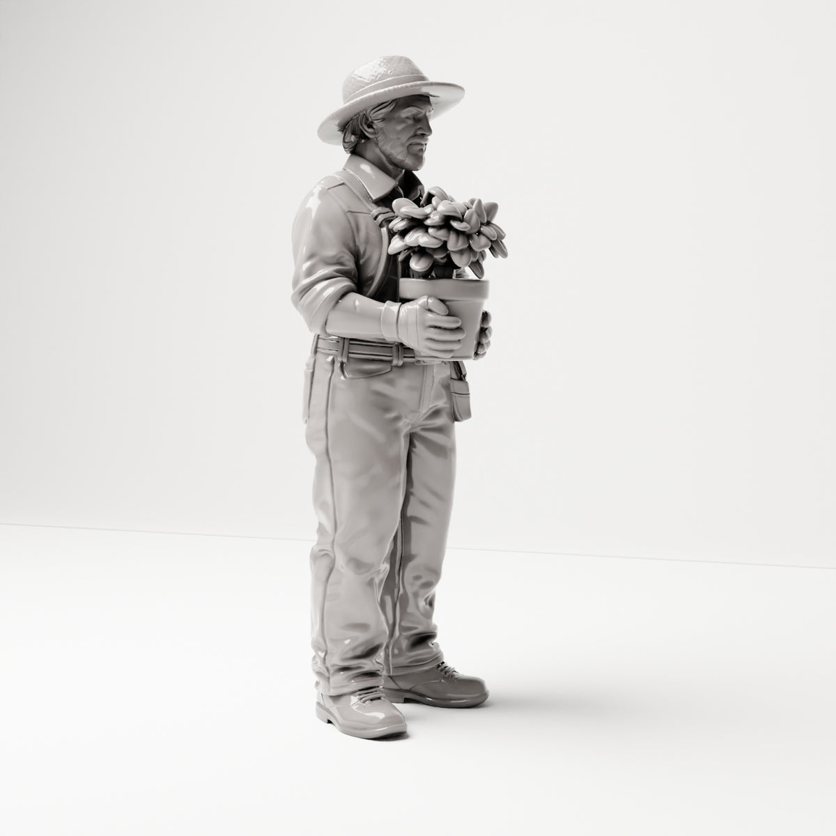 Stehende Figur: Gärtner mit Latzhose & Hut, Blumentopf mit blühender Pflanze (B005) - rechte Seitenansicht