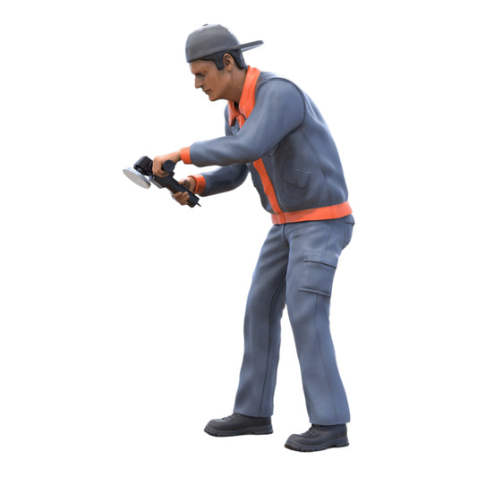 Product photo diorama and model building miniature figure: Mechanic with angle grinder