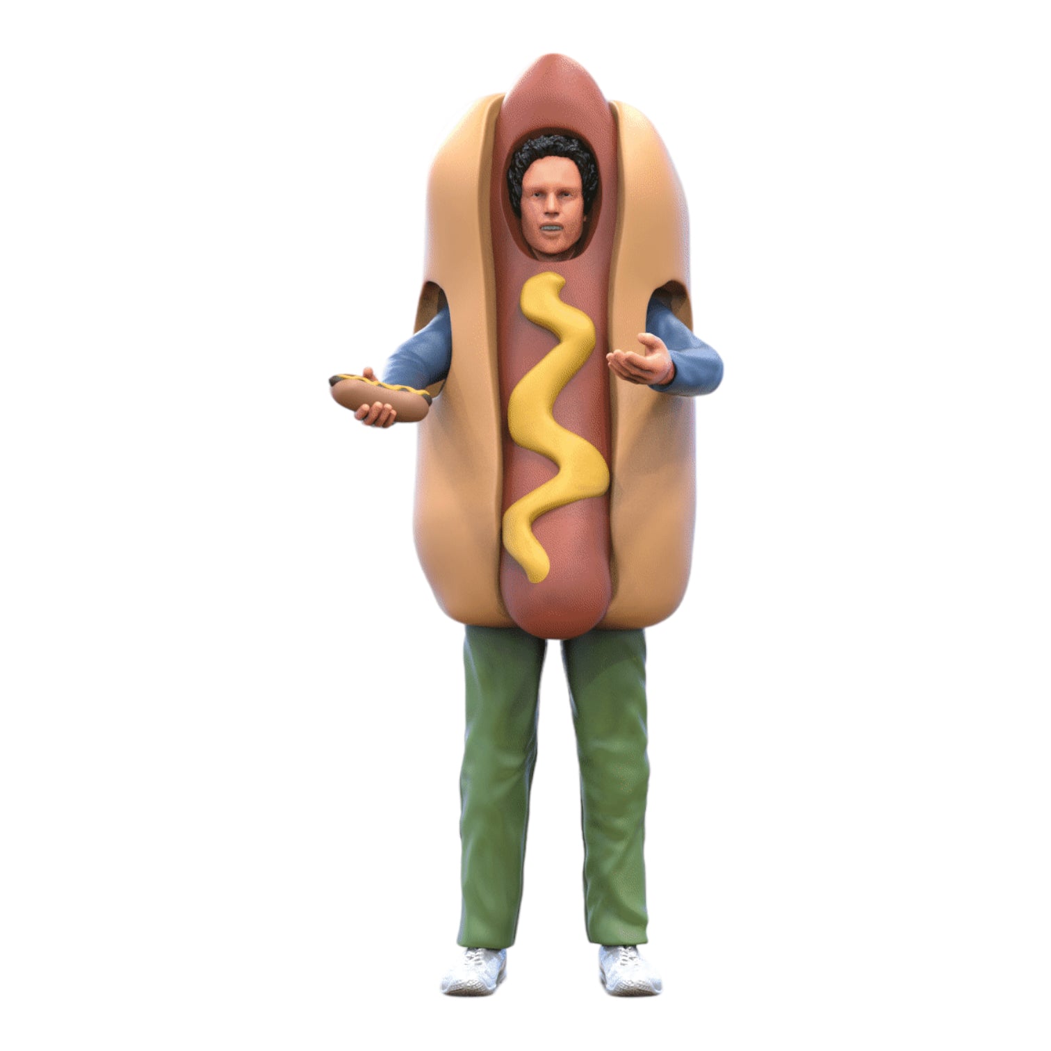 Product photo diorama and model building miniature figure: Hot Dog vendor in hot dog costume