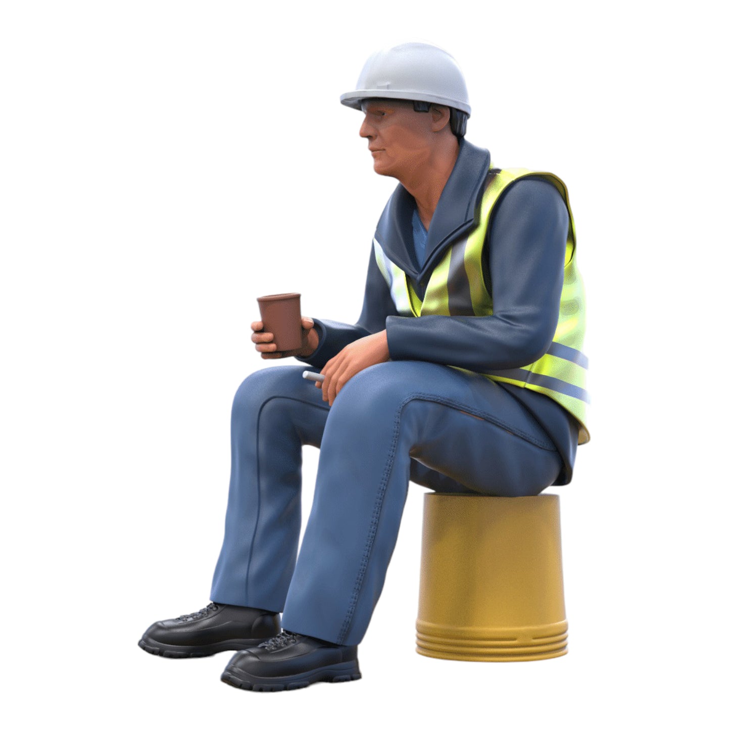 Product photo diorama and model building miniature figure: construction worker sitting on a bucket