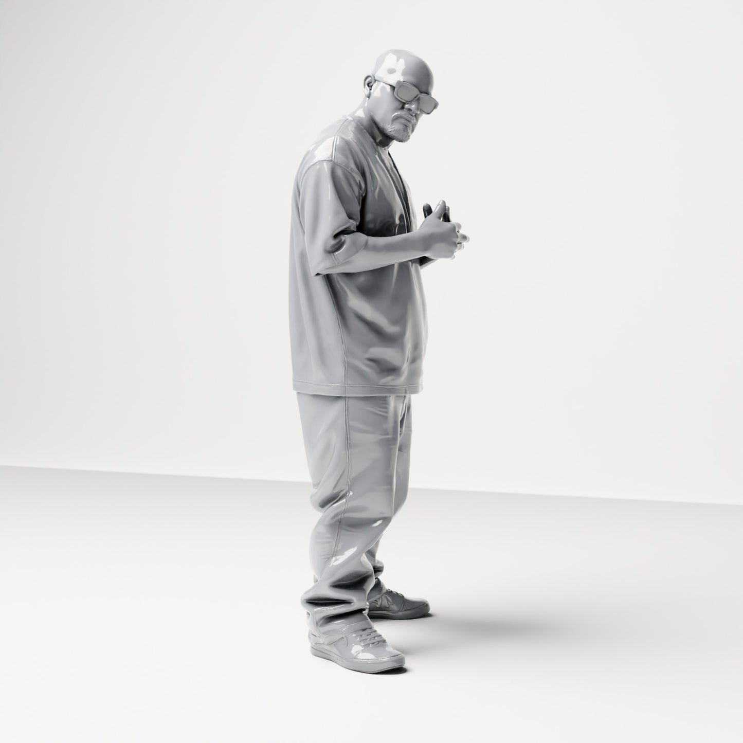 Diorama model building product photo 3: Standing figure: Man with sunglasses & chain, hands in front of chest, loose shirt & pants (B028)