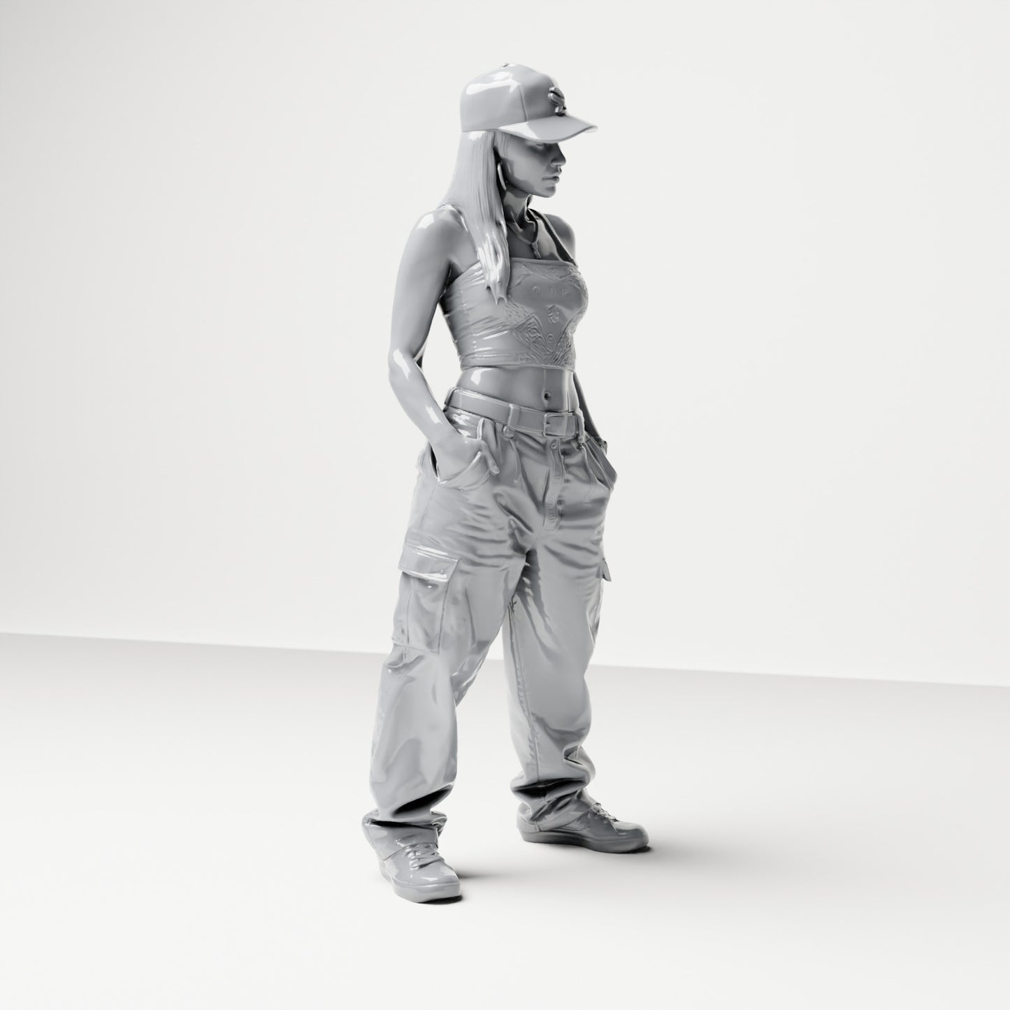 Diorama model building product photo 3: Standing figure: Woman with baseball cap, crop top & cargo pants, hands in pockets (B031)