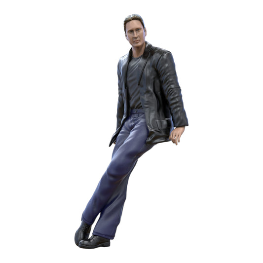 Product photo diorama and model building miniature figure: man in leather jacket leaning