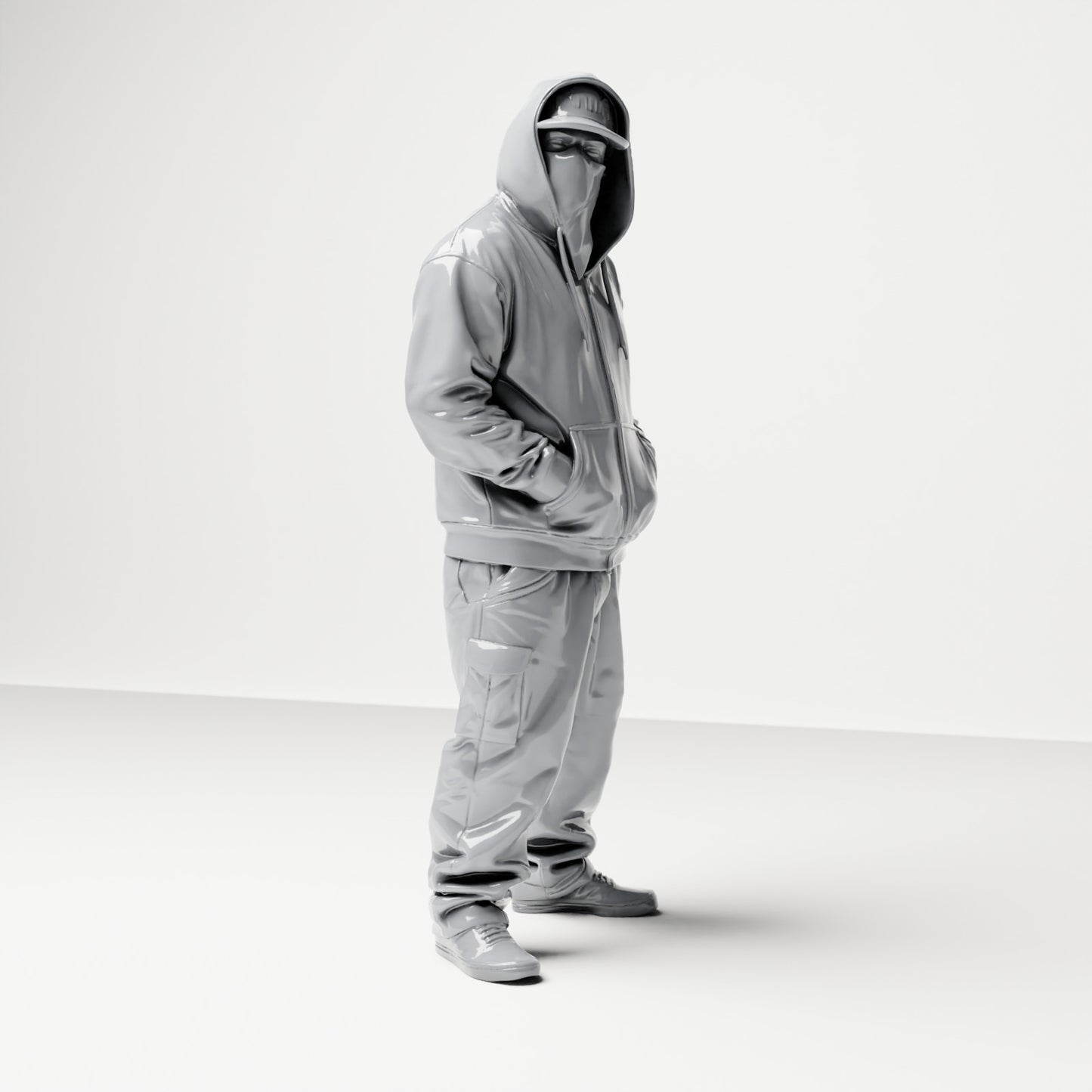Diorama model building product photo 3: Standing figure: Person with hooded jacket, baseball cap & face cloth, hands in pockets (B034)