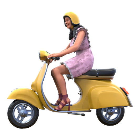 Product photo diorama and model building miniature figure: Woman on Vespa