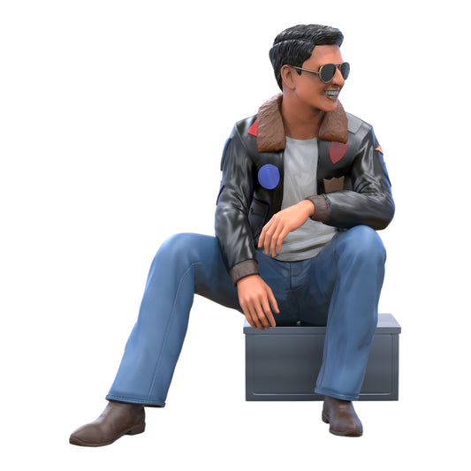 Product photo diorama and model building miniature figure: man in leather jacket and sunglasses sitting