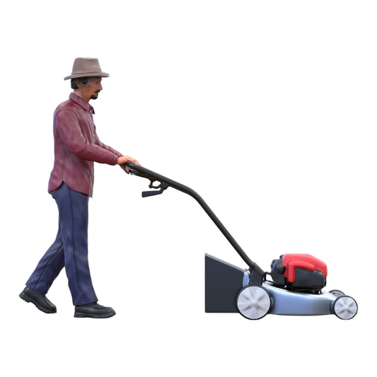 Product photo diorama and model building miniature figure: man with lawn mower