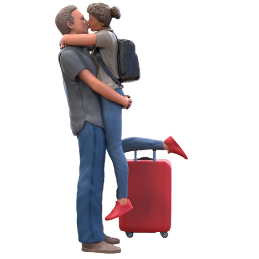 Product photo diorama and model building miniature figure: Couple with suitcase - Farewell of a traveling couple in love