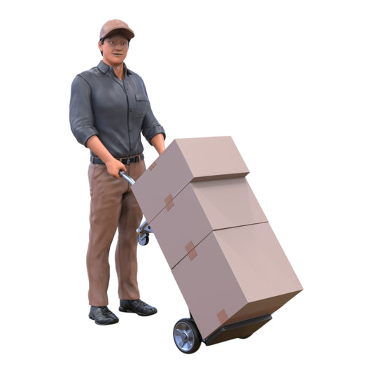 Product photo diorama and model building miniature figure: delivery person with package and hand truck