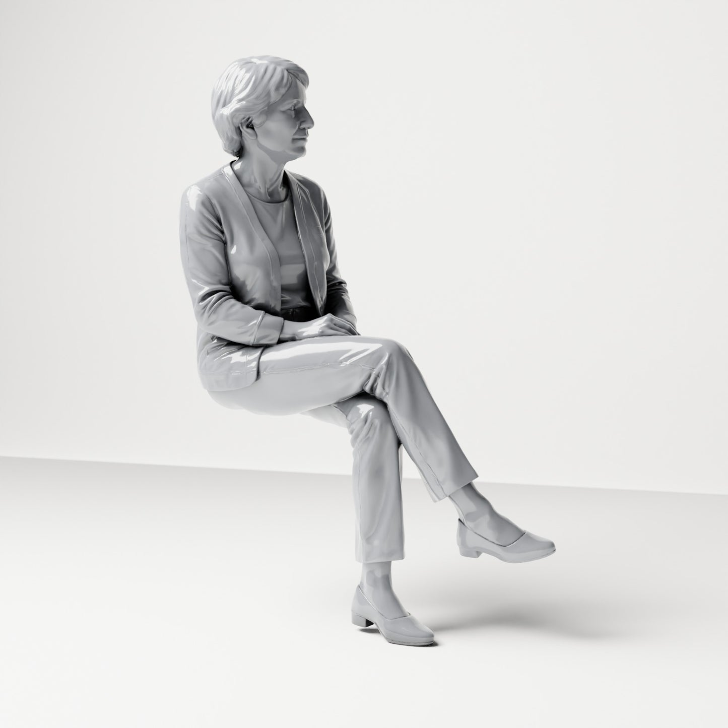 Diorama model-making product photo 3: Seated figure: female spectator with crossed legs & folded hands (B069)