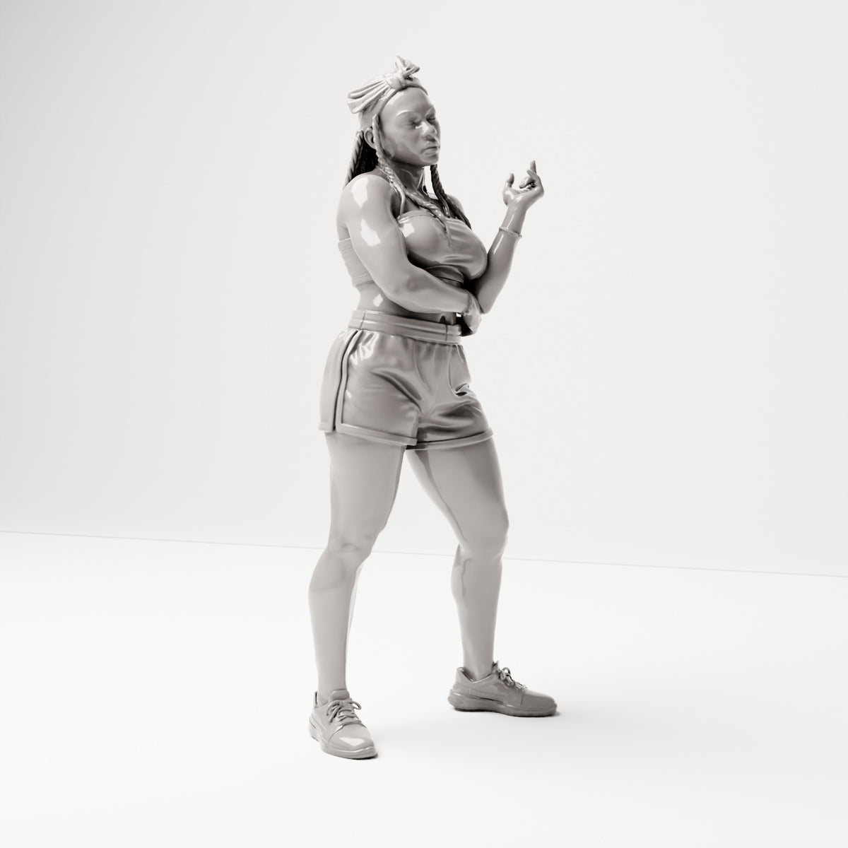 Stehende Gangster-Figur: Frau mit Zöpfen, Crop-Top & Shorts (B075) - rechte Seitenansicht