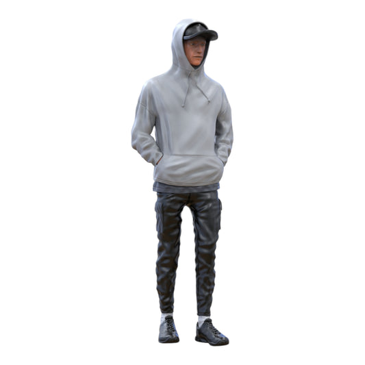 Product photo diorama and model building miniature figure: man with hoodie