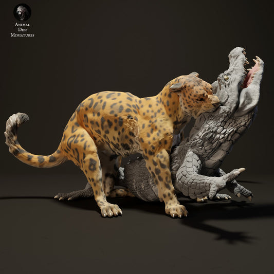 Product photo Animal Figure Diorama, Model Building: 0: Jungle Animal Figure: hunting Jaguar – Black Caiman (Ref 01_01_40)