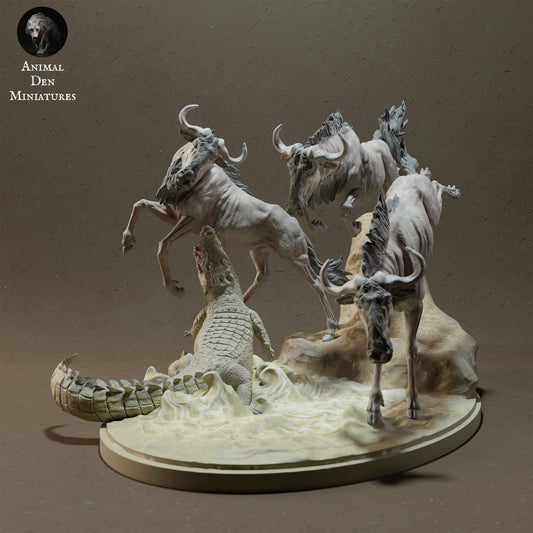 Product photo Animal Figure Diorama, Model Building: 0: Savanna Animal Figure: Gnu crossing the river with Nile crocodile (Ref 01_01_41)