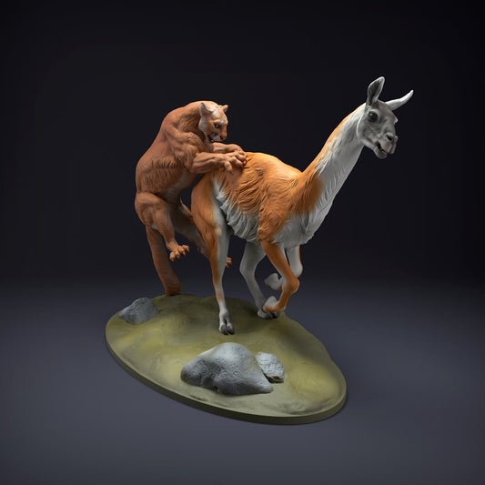 Product photo Animal Figure Diorama, Model Building: 0: Wild Animal Figure: Mountain Lion hunting Guanaco (Ref 01_01_51)