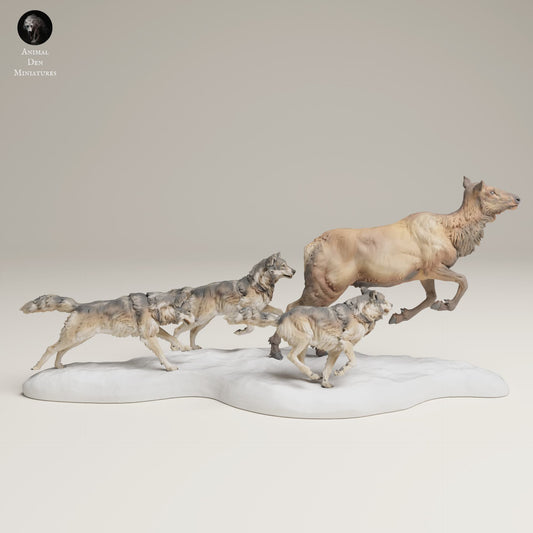 Product photo Animal Figure Diorama, Model Building: 0: Wildlife Figures: Hunting Gray Wolves and Cow Moose (Ref 25_06_12)