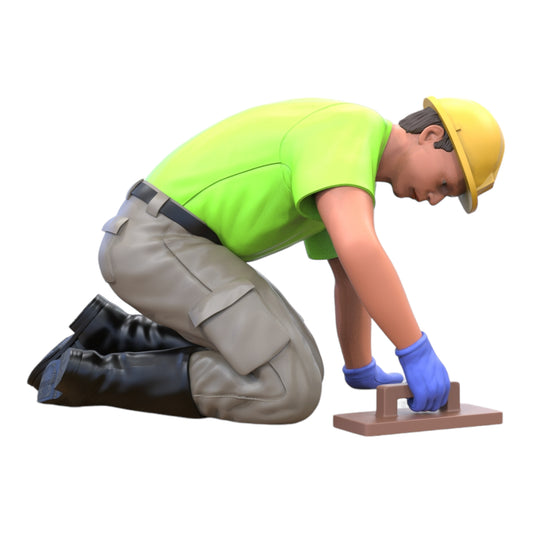 Product photo diorama and model building miniature figure: Construction worker 1 - kneeling tiler with helmet