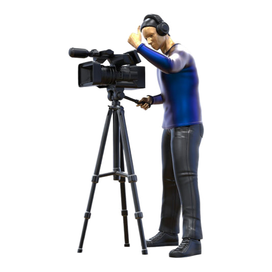 Product photo diorama and model building miniature figure: Reporter team - cameraman with camera and tripod