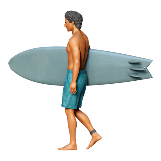 Product photo diorama and model building miniature figure: Wave Rider: Surfer with surfboard on the beach