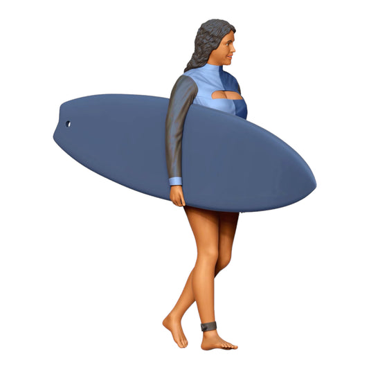 Product photo diorama and model building miniature figure: Wave Rider: Surfer with surfboard on the beach