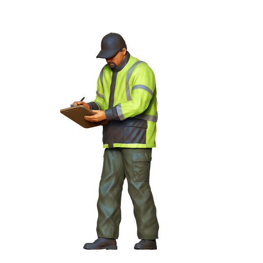 Product photo diorama and model building miniature figure: traffic policeman with ticket and clipboard