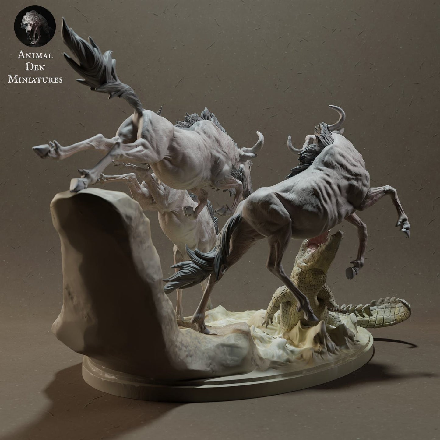 Produktfoto Tier Figur Diorama, Modellbau: 0: Savannen Tier Figur: Gnu beim Flussüberquerung mit Nilkrokodil (Ref 01_01_41)