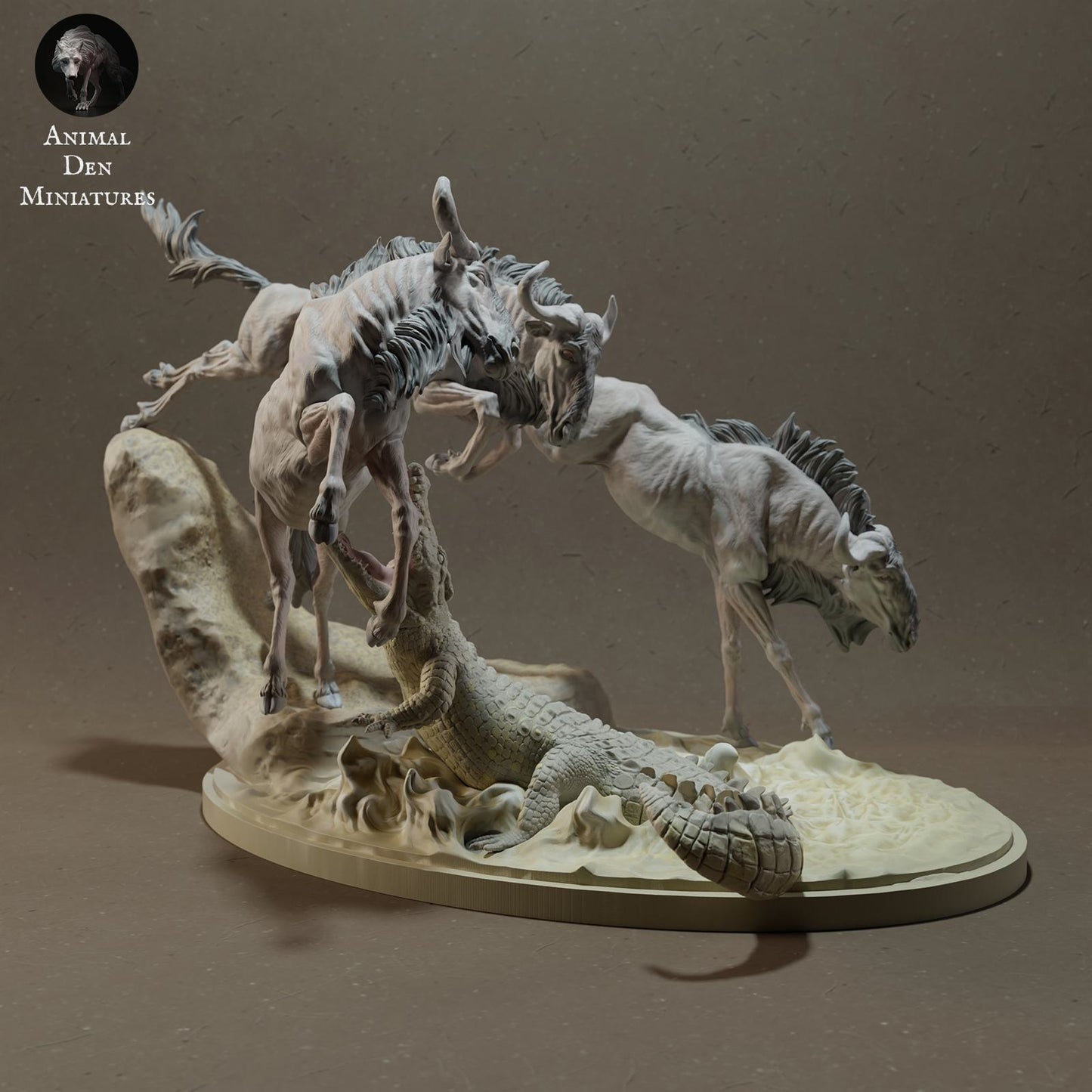 Produktfoto Tier Figur Diorama, Modellbau: 0: Savannen Tier Figur: Gnu beim Flussüberquerung mit Nilkrokodil (Ref 01_01_41)