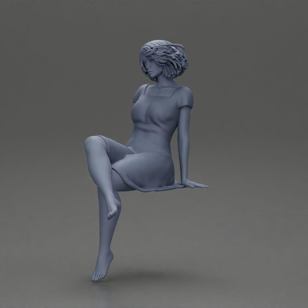 Diorama model building product photo 11: Diorama miniature figure: Sitting woman in a dress, barefoot, short hair in the wind (Ref No. A95)