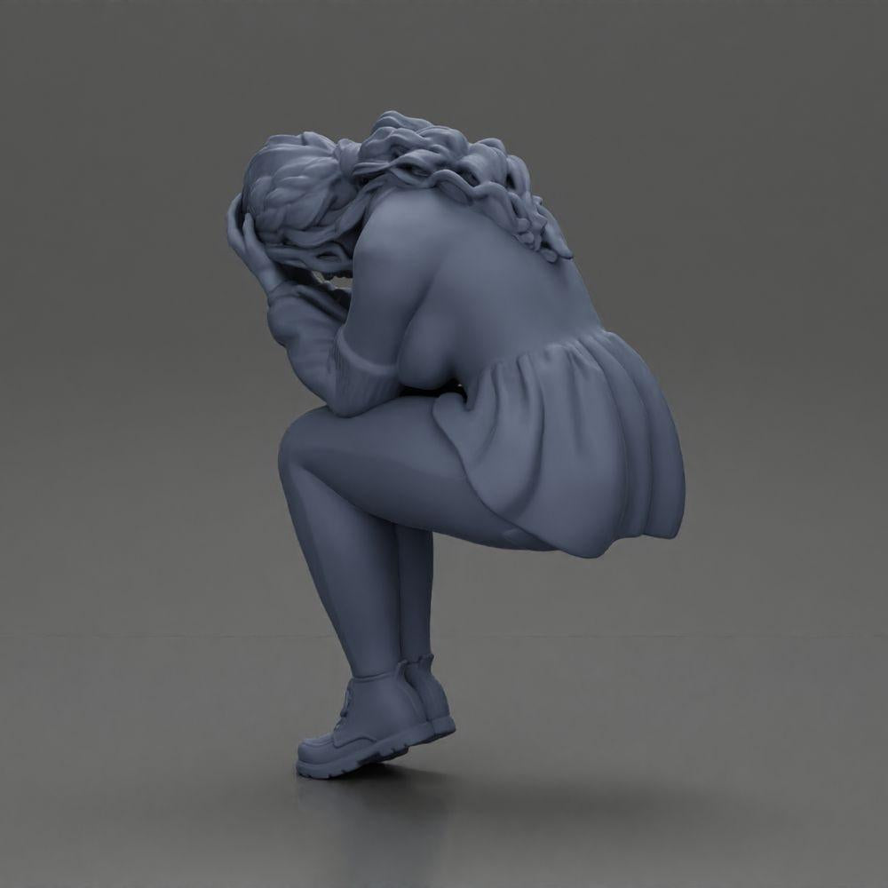 Diorama model building product photo 11: miniature figure: sad girl with puff sleeves, sitting, face in hands (Ref No. A88)