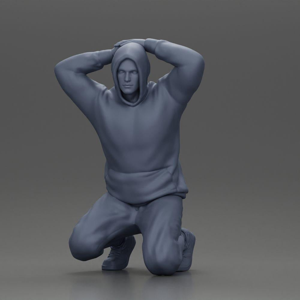 Diorama model building product photo 11: Kneeling man in hoodie, hands behind head - Diorama miniature (Ref No. A70)