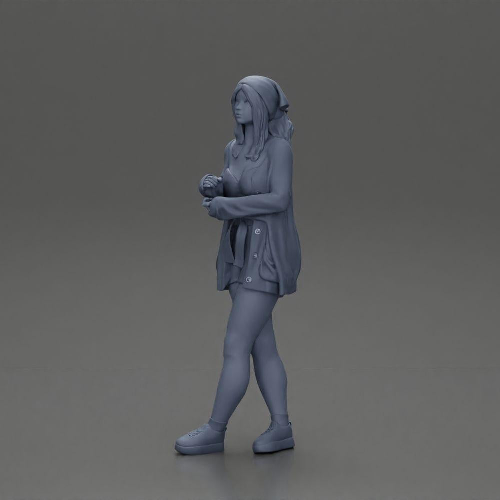 Diorama model building product photo 17: Female diorama figure in open cardigan and shorts with umbrella (Ref No. A92)
