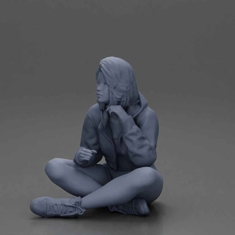 Diorama model building product photo 20: Diorama miniature: Sitting woman in jacket and shorts with open umbrella (Ref No. A85)