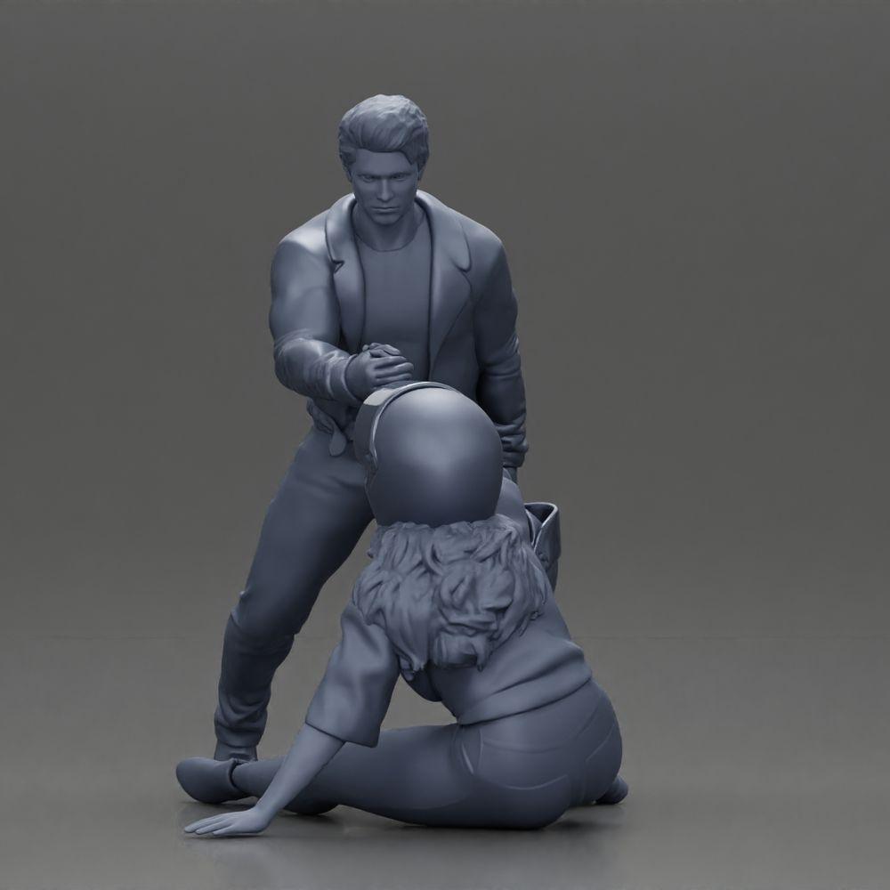 Diorama model building product photo 19: miniature diorama: man helps fallen biker, holds motorcycle helmet (Ref No. A91)