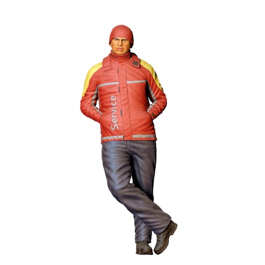 Diorama model building product photo 0: Gas station attendant in winter jacket – figure with hands in pockets (Ref. No. 433)