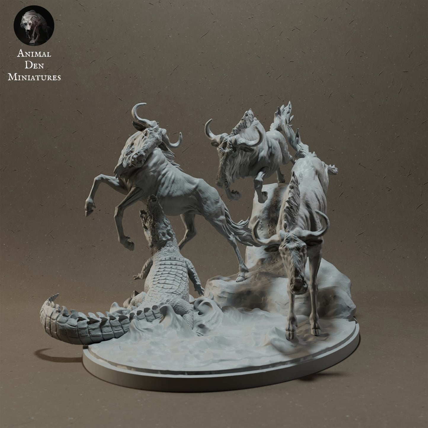 Produktfoto Tier Figur Diorama, Modellbau: 0: Savannen Tier Figur: Gnu beim Flussüberquerung mit Nilkrokodil (Ref 01_01_41)