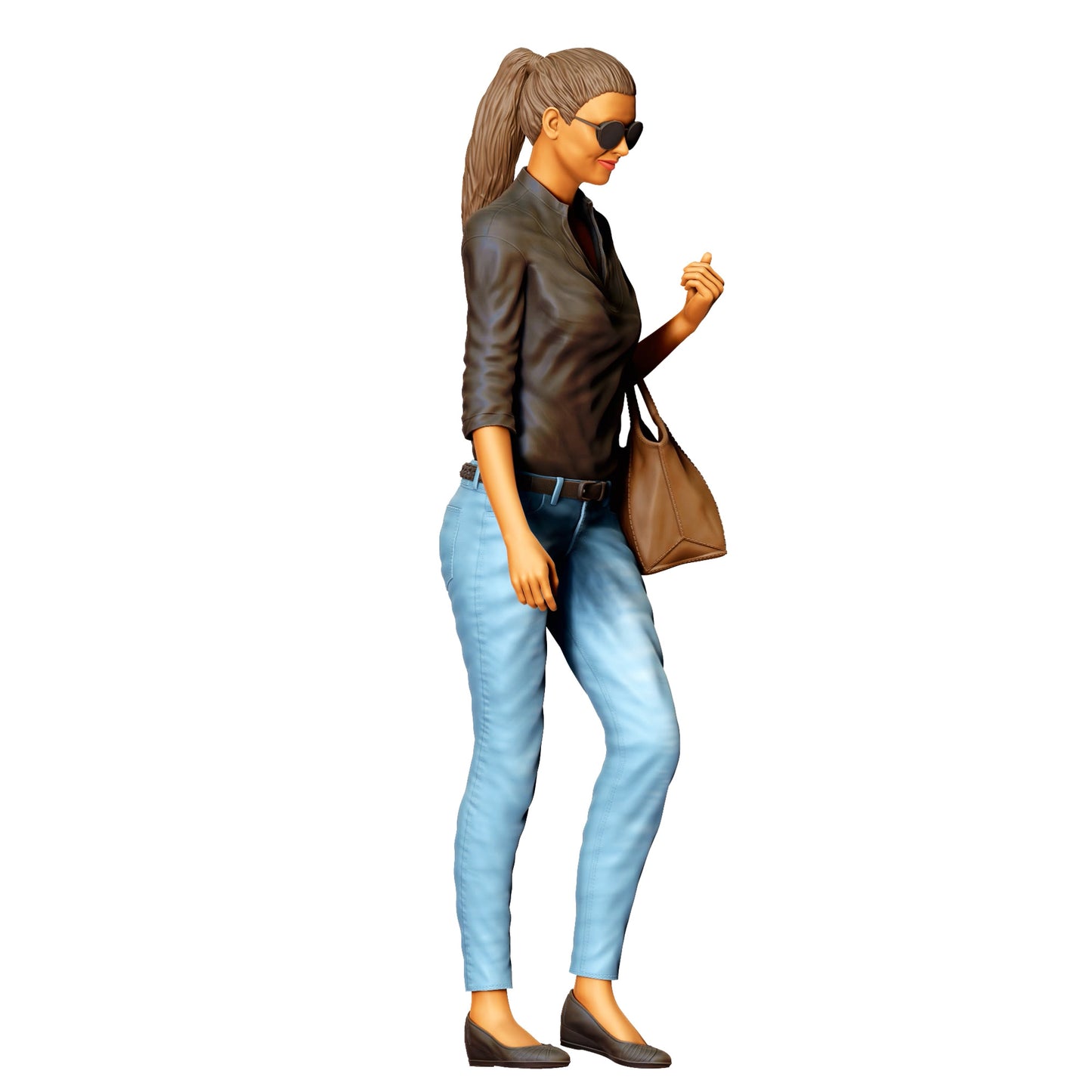 Woman with sunglasses and handbag – figure in jeans and leather jacket (Ref. No. 423)