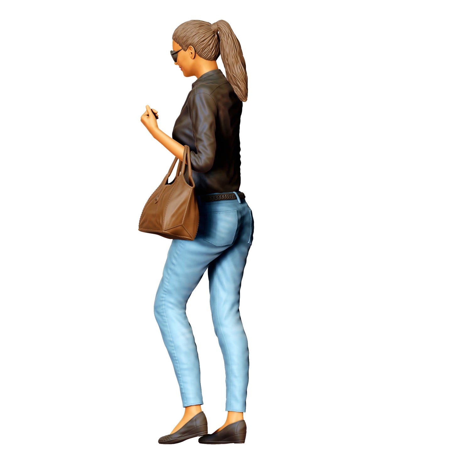 Woman with sunglasses and handbag – figure in jeans and leather jacket (Ref. No. 423)