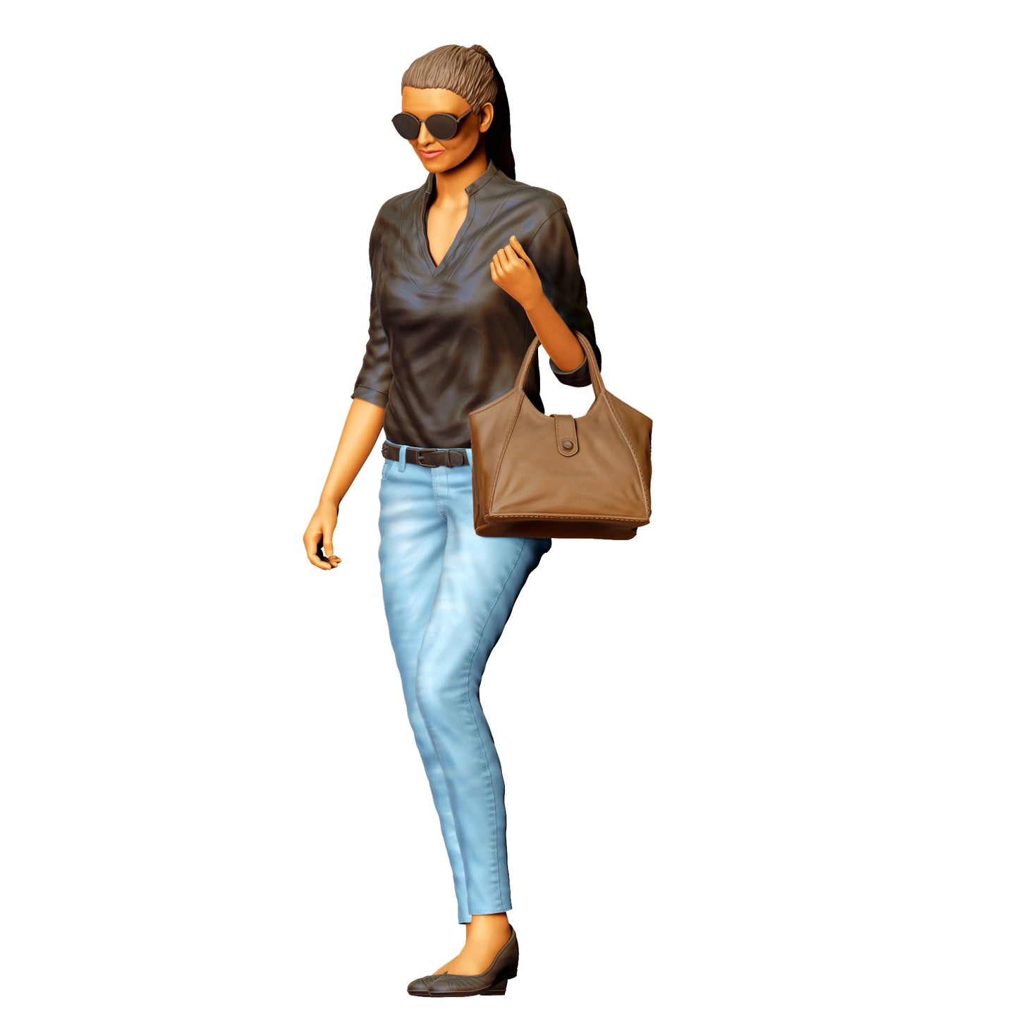 Woman with sunglasses and handbag – figure in jeans and leather jacket (Ref. No. 423)