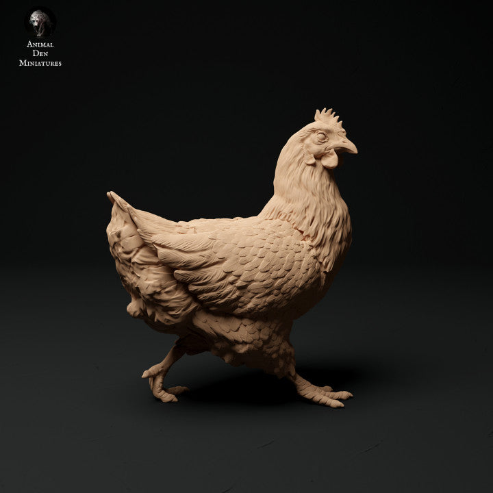 Product photo animal figure diorama, model building: 0: Farm animal figures: 3 chickens - eating, sitting, and running