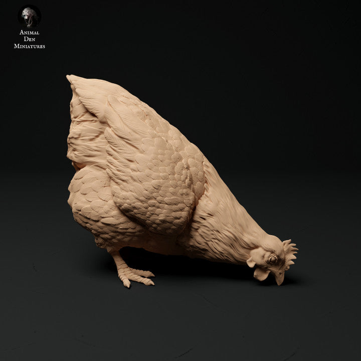 Product photo animal figure diorama, model building: 0: Farm animal figures: 3 chickens - eating, sitting, and running