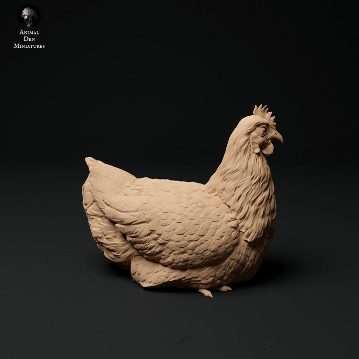 Product photo animal figure diorama, model building: 0: Farm animal figures: 3 chickens - eating, sitting, and running