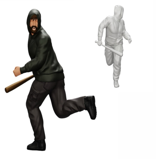 Diorama model building product photo 0: Gangster in hoodie with baseball bat on the run (Ref No. A1)