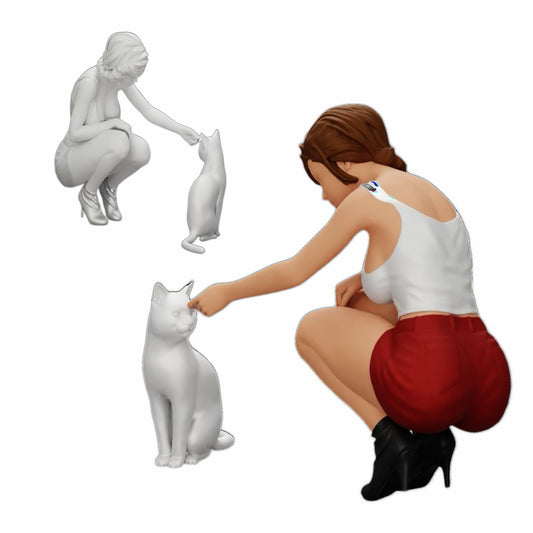 Diorama model building product photo 0: Pretty girl kneeling next to her cat (Ref No. A21)