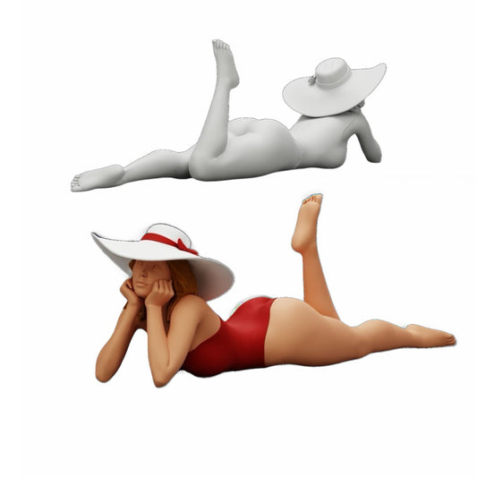 Diorama model building product photo 0: Woman in swimsuit and sun hat on vacation lying on the beach (Ref No. A32)