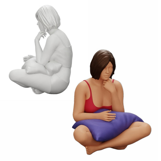 Diorama model building product photo 0: Girl sitting in front of the TV with pillows on her legs (Ref No. A36)