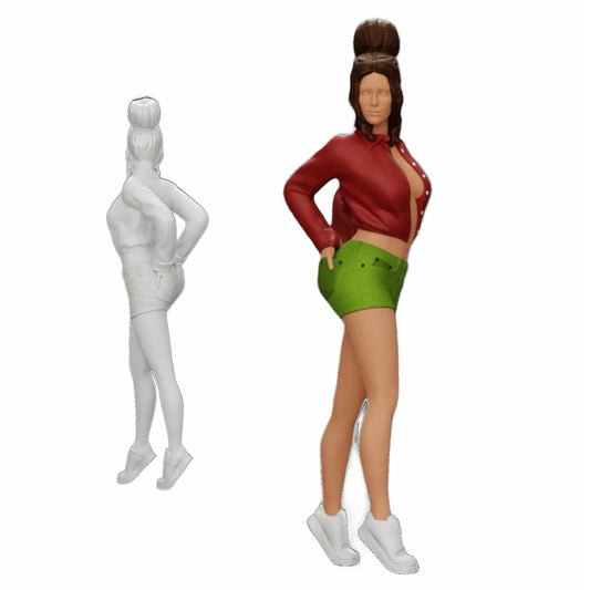 Diorama model building product photo 0: Sexy girl in shorts and open mini shirt with hands in back pocket (Ref No. A38)