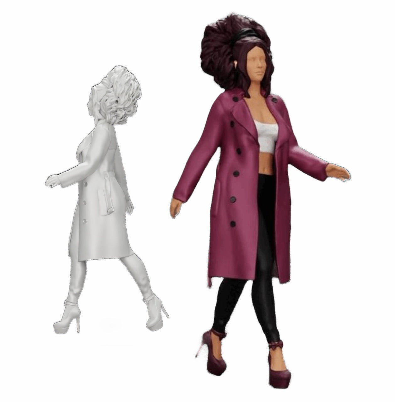 Diorama model building product photo 0: Stylish woman with curly hair walking in a long, open coat (Ref No. A40)