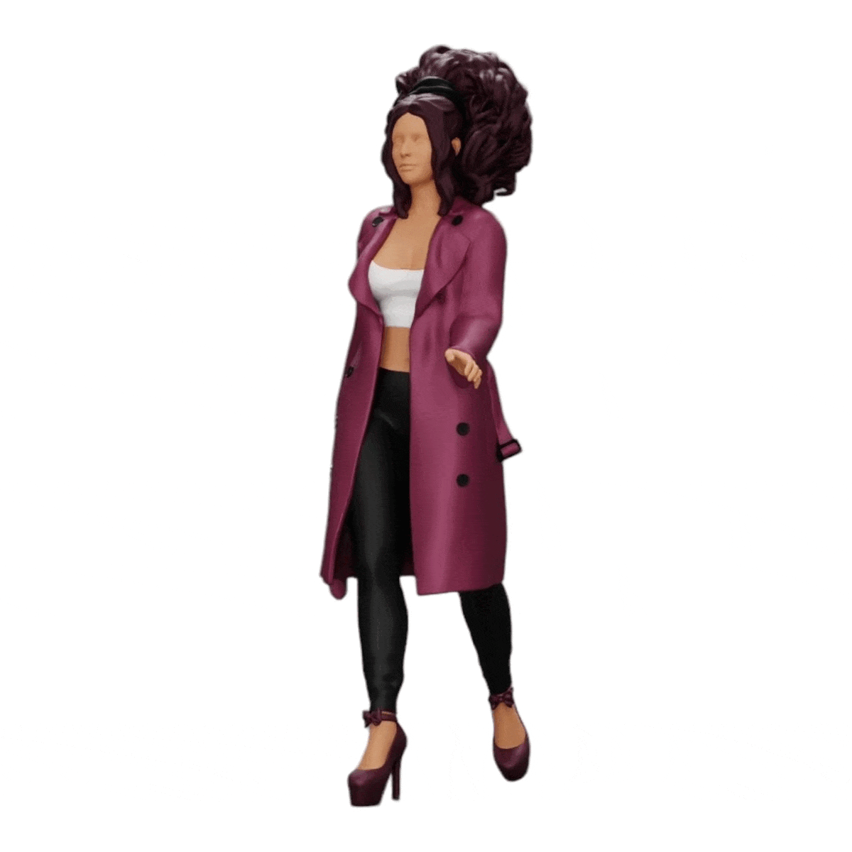 Diorama model building product photo 0: Stylish woman with curly hair walking in a long, open coat (Ref No. A40)